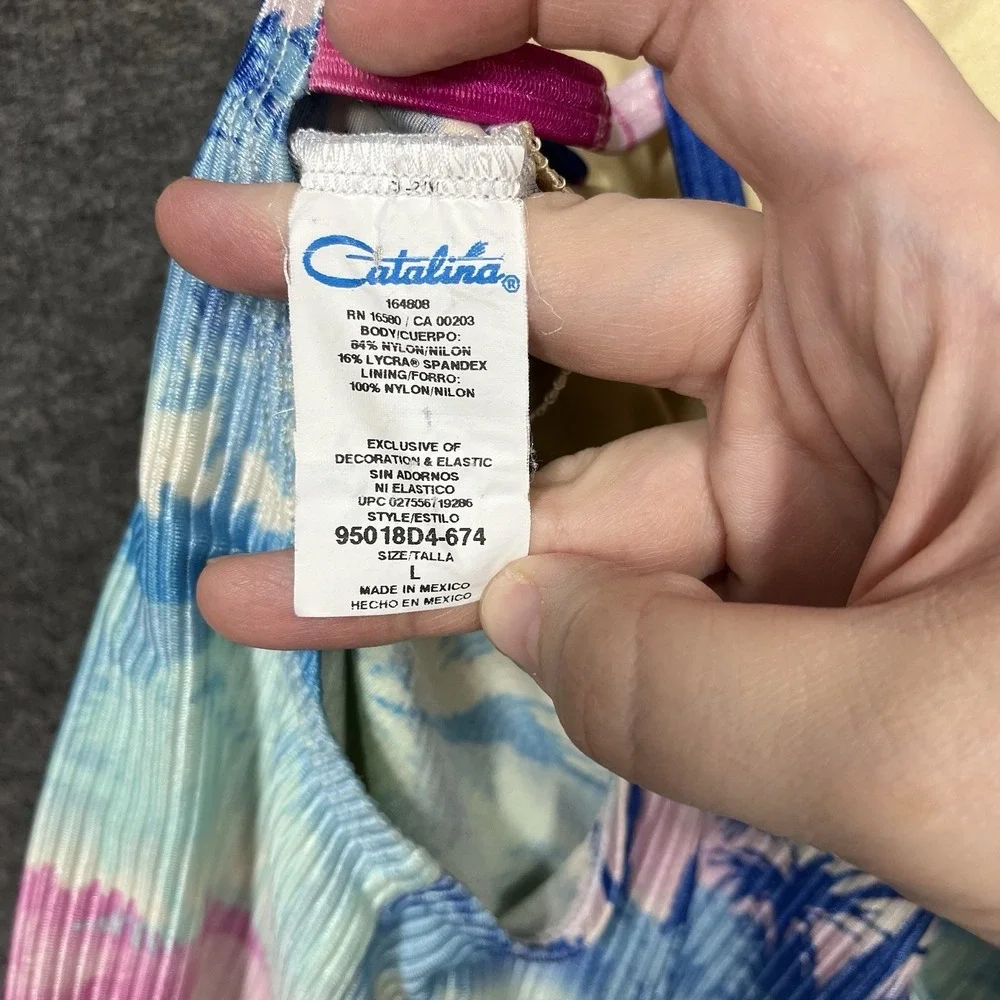Vintage Catalina Swimsuit Size L Tropical Floral Pink Blue One Piece High Cut